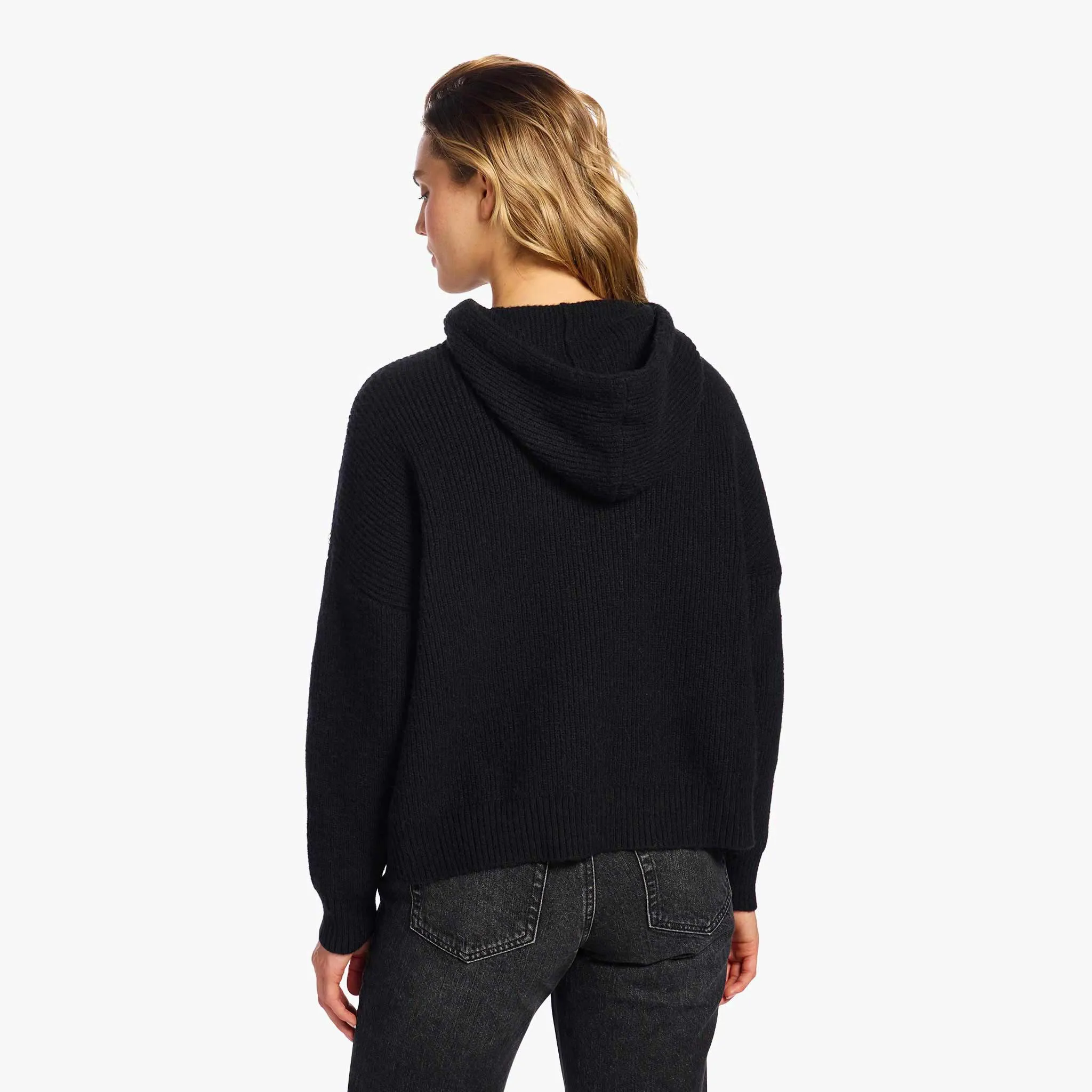 Cozy Knit Ribbed Sweater Hoodie | Black