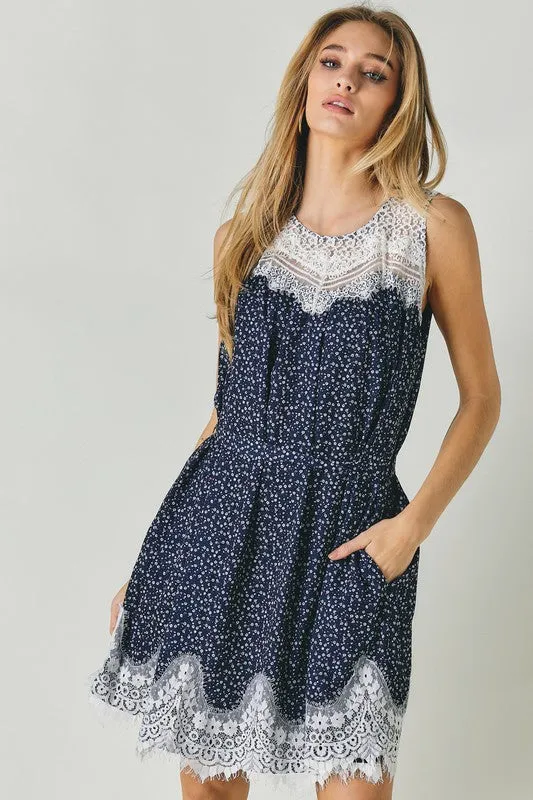 Davi & Dani Printed Sleeveless Lace Trim Mini Dress