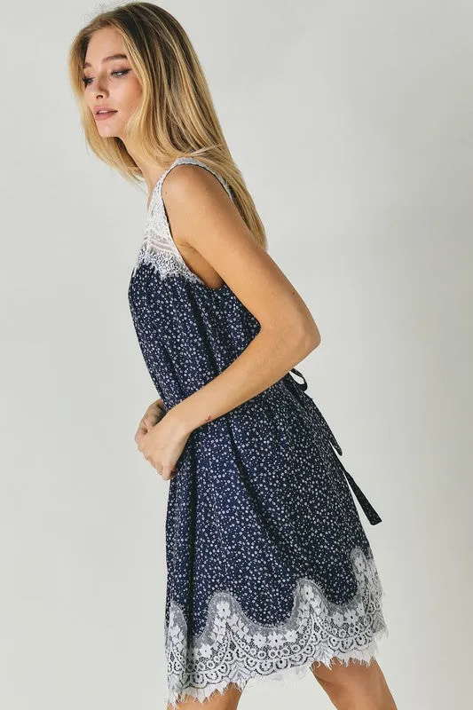 Davi & Dani Printed Sleeveless Lace Trim Mini Dress