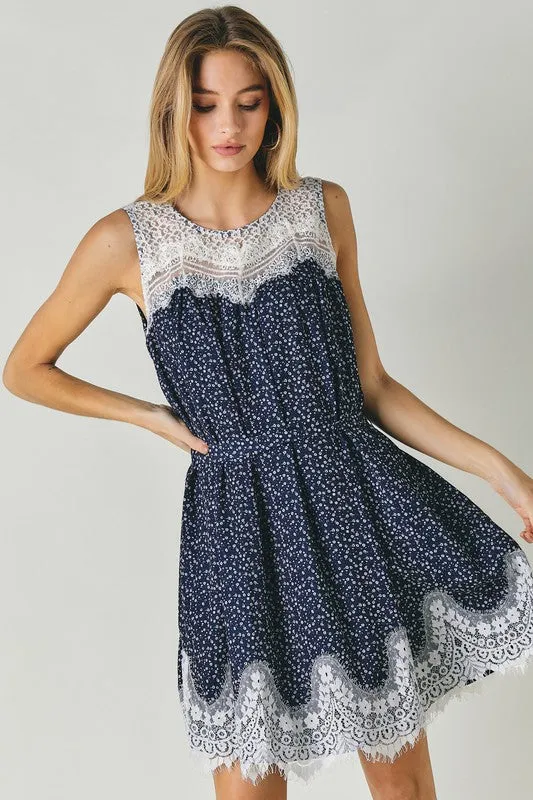 Davi & Dani Printed Sleeveless Lace Trim Mini Dress