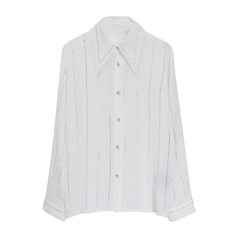 deanwangkt Casual Loose White Patchwork Diamonds Shirt For Women Lapel Long Sleeve Korean Fashion Blouses Females Autumn Style