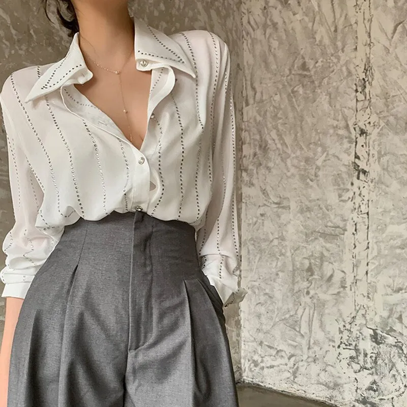 deanwangkt Casual Loose White Patchwork Diamonds Shirt For Women Lapel Long Sleeve Korean Fashion Blouses Females Autumn Style