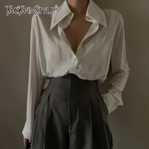deanwangkt Casual Loose White Patchwork Diamonds Shirt For Women Lapel Long Sleeve Korean Fashion Blouses Females Autumn Style