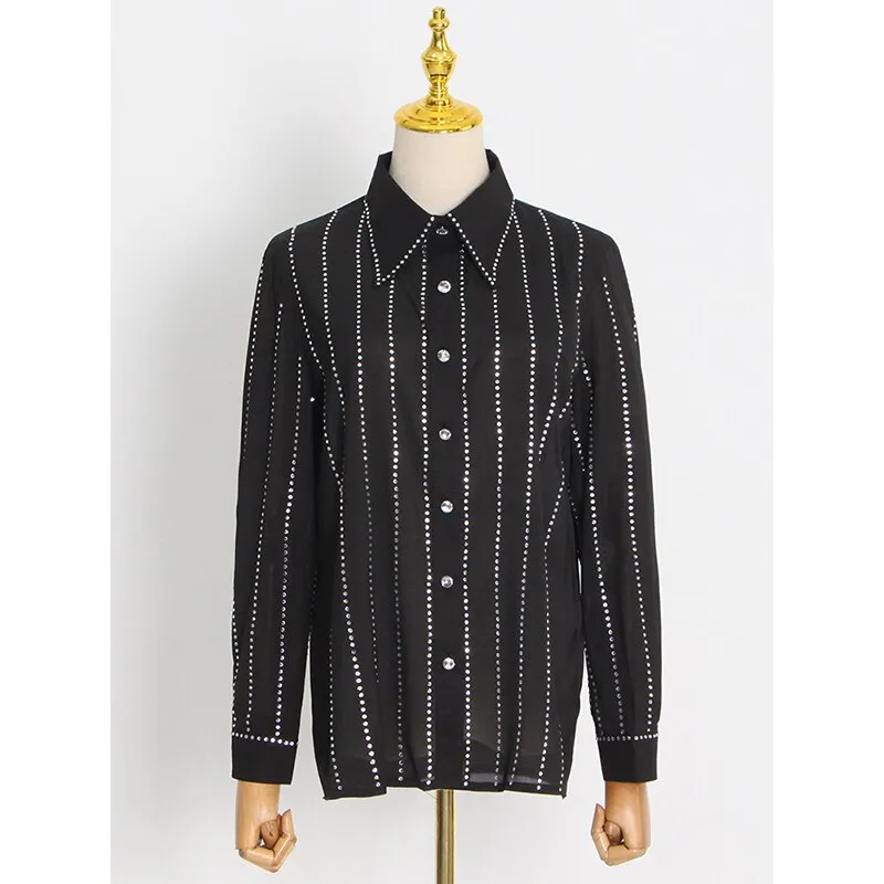 deanwangkt Casual Loose White Patchwork Diamonds Shirt For Women Lapel Long Sleeve Korean Fashion Blouses Females Autumn Style