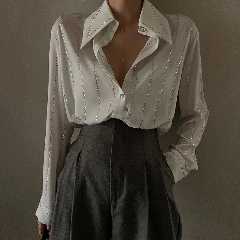 deanwangkt Casual Loose White Patchwork Diamonds Shirt For Women Lapel Long Sleeve Korean Fashion Blouses Females Autumn Style