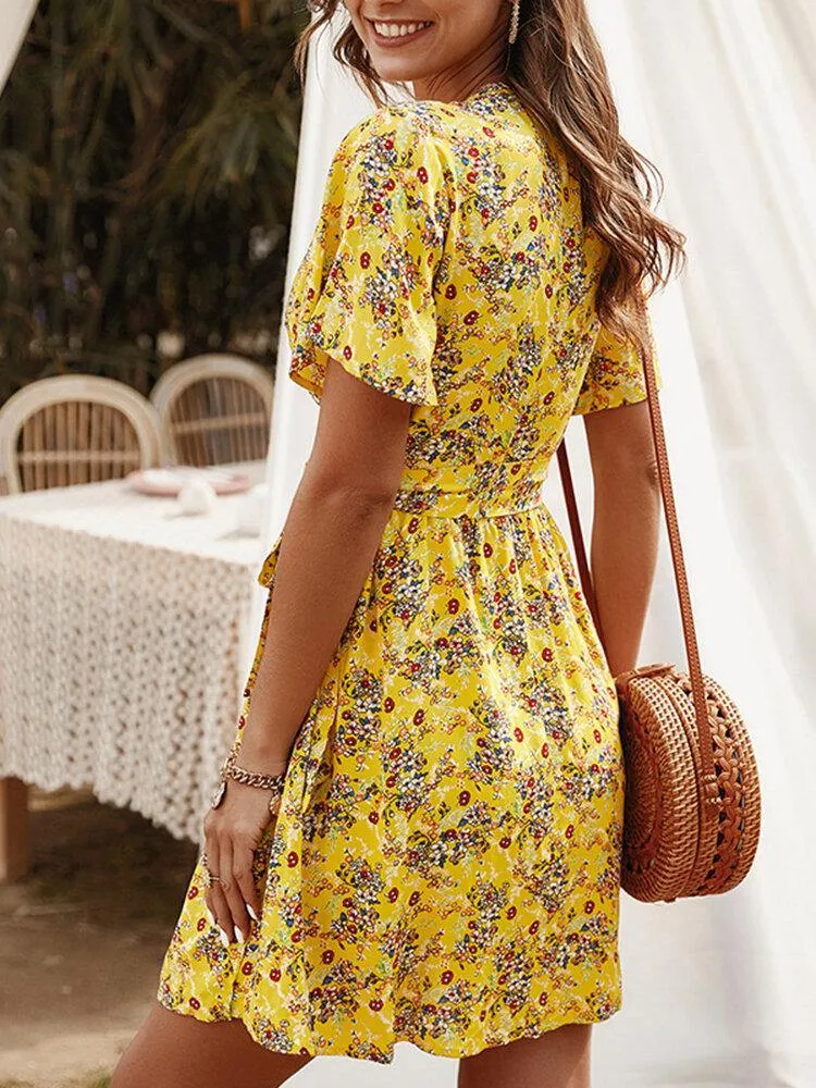 deanwangkt Cross Wrap Floral Print Bandage Short Sleeve Dress