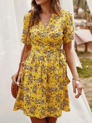 deanwangkt Cross Wrap Floral Print Bandage Short Sleeve Dress