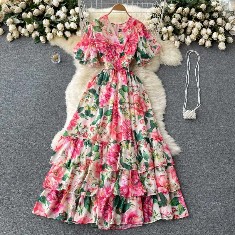 Elegant Trendy Fairy Printed Chiffon Summer Holiday Women's Dress