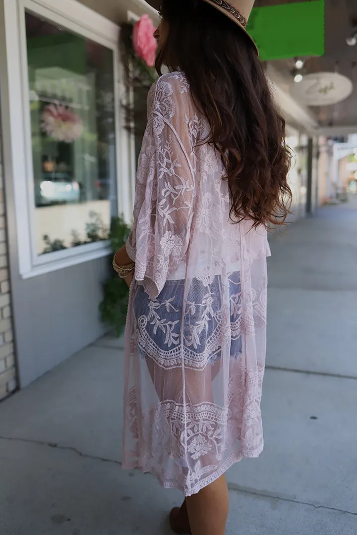 Emelia Lace Crochet Kimono Midi-Duster - Mauve