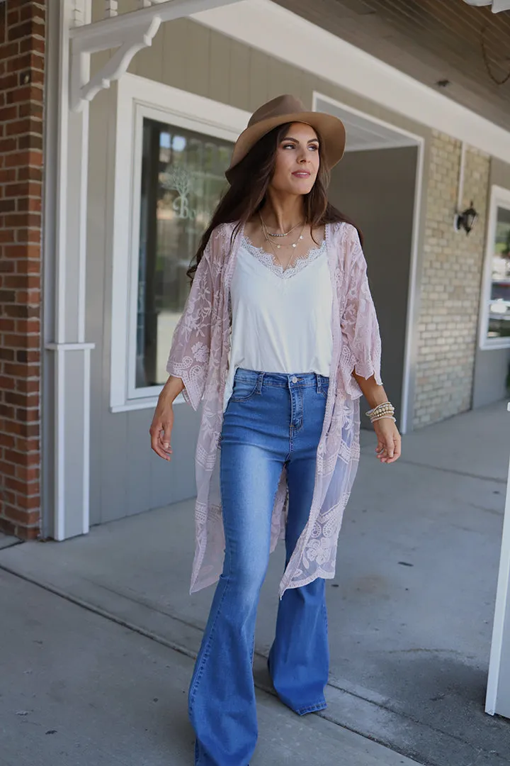 Emelia Lace Crochet Kimono Midi-Duster - Mauve