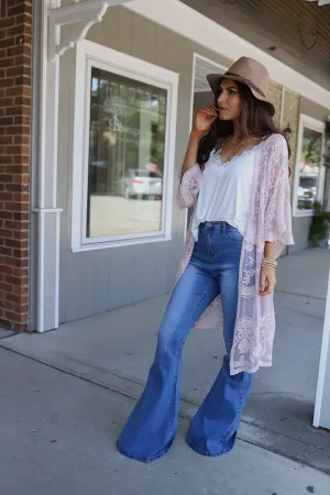 Emelia Lace Crochet Kimono Midi-Duster - Mauve