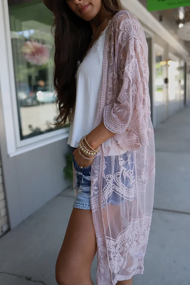 Emelia Lace Crochet Kimono Midi-Duster - Mauve