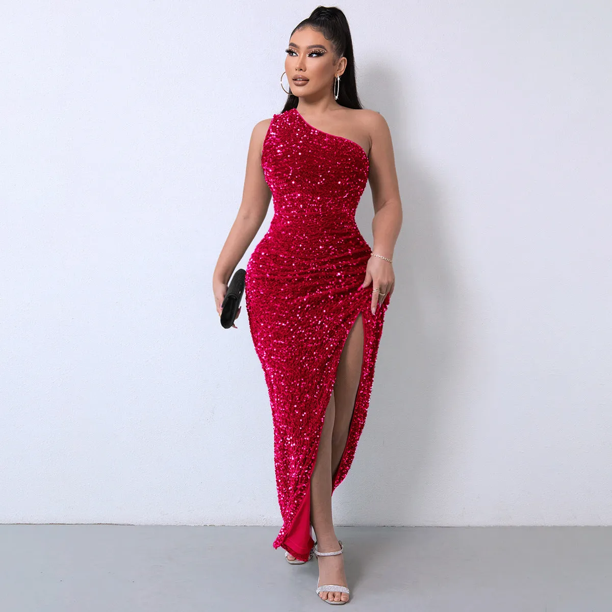 Fashionable Sequin Sleeveless Split Maxi Dress