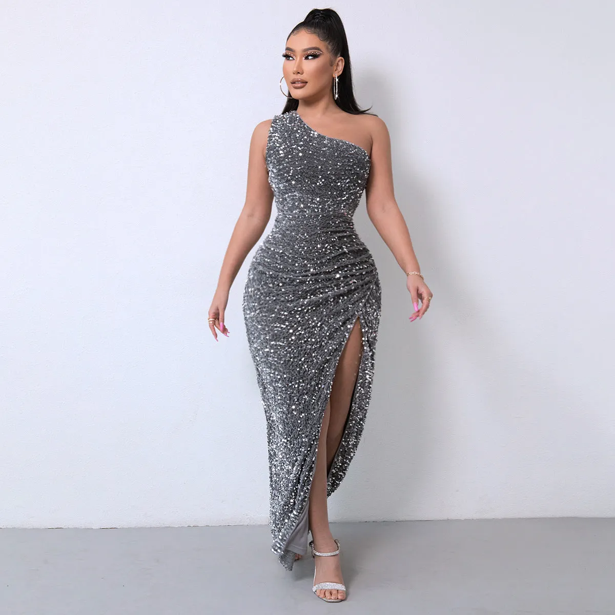 Fashionable Sequin Sleeveless Split Maxi Dress