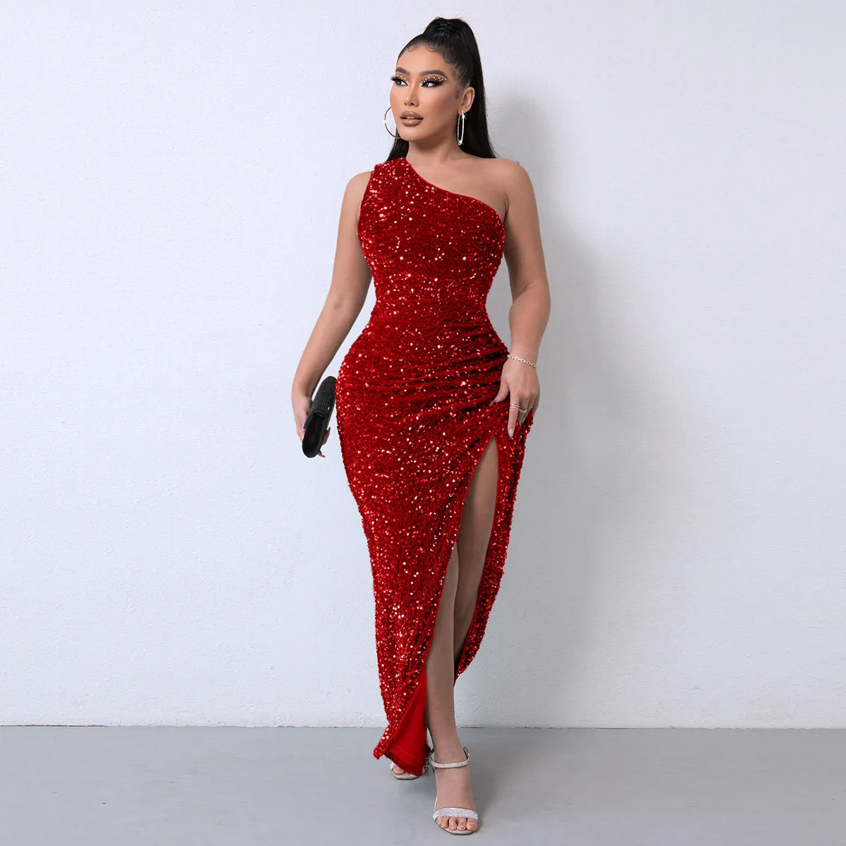 Fashionable Sequin Sleeveless Split Maxi Dress
