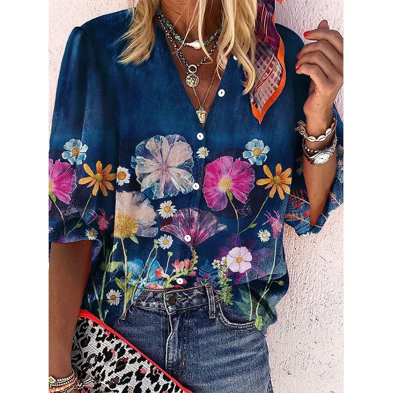 FashionSierra - Elegant Loose Abstraction Print Shirt