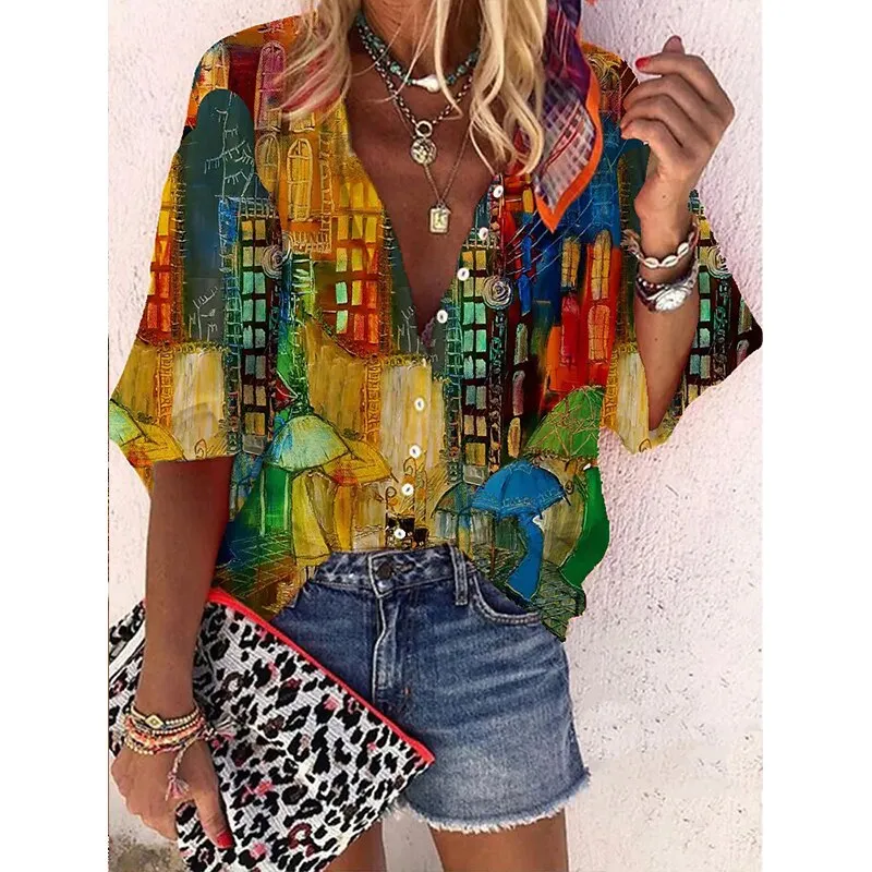 FashionSierra - Elegant Loose Abstraction Print Shirt