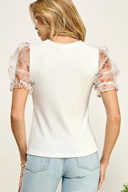Floral Puff Sleeve Knit Top