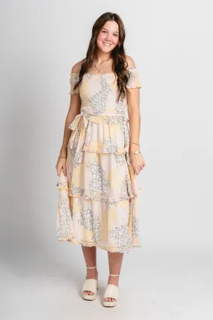 Floral smocked midi dress yellow