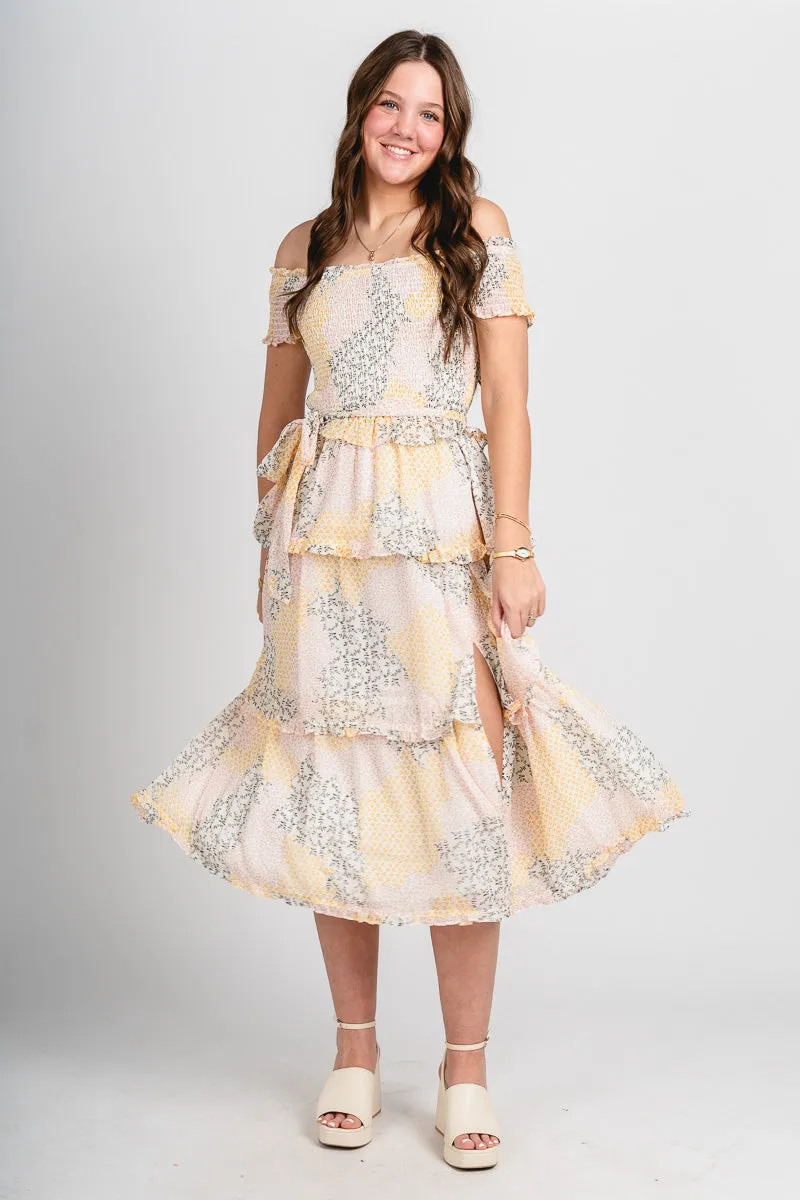 Floral smocked midi dress yellow