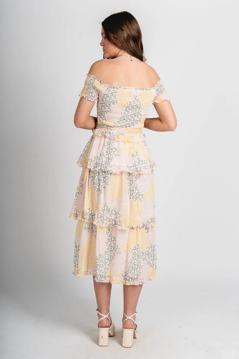 Floral smocked midi dress yellow
