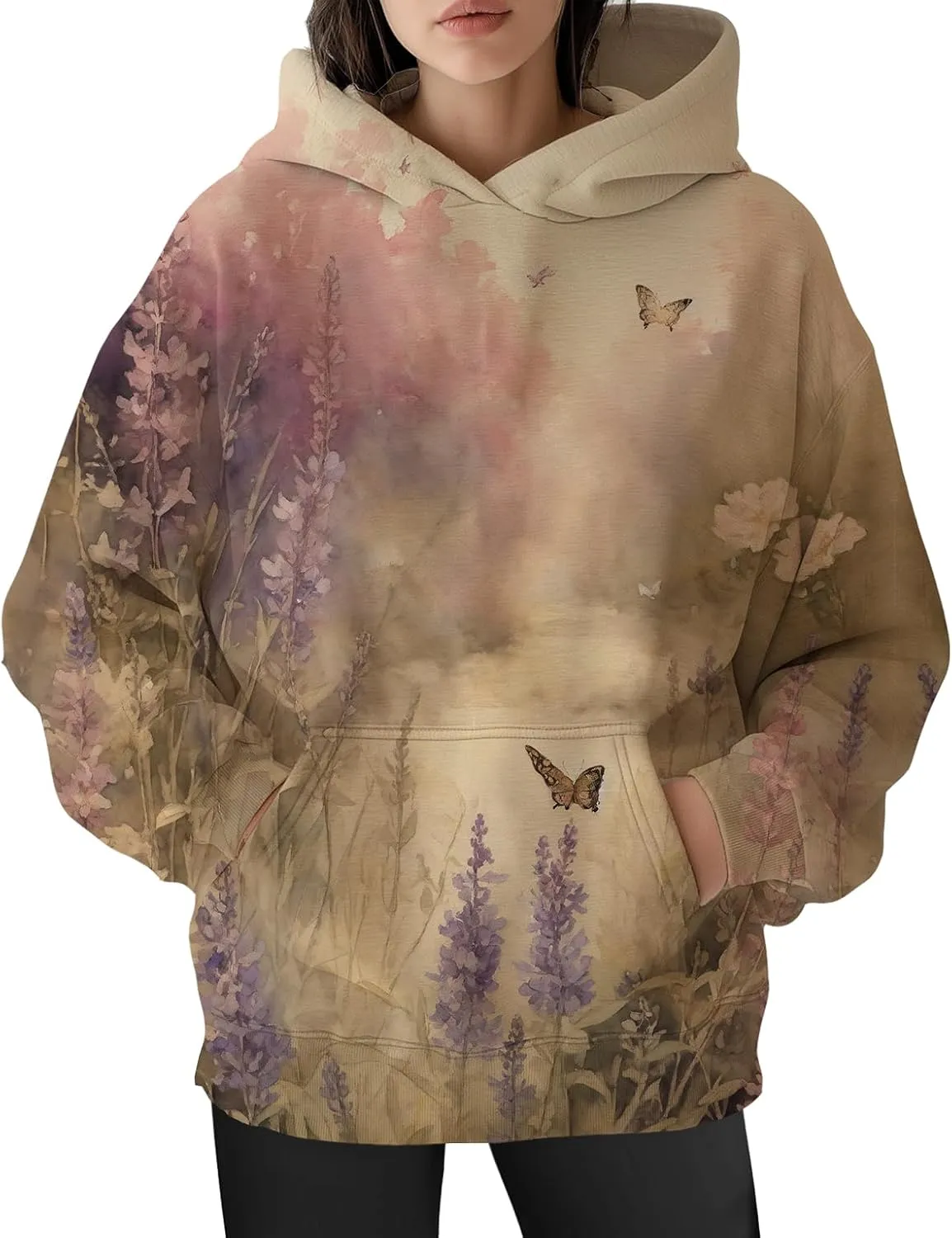 Flower Hoodie for Women Y2K Oversized Floral Printed Sweatshirts Casual Long Sleeve Hooded Sweatshirts with Pocket