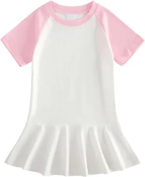 Girls Color Block Pleated Dress Summer Casual Loose A-Line Mini Dress Short Sleeve Round Neck Cute Beach Sundress