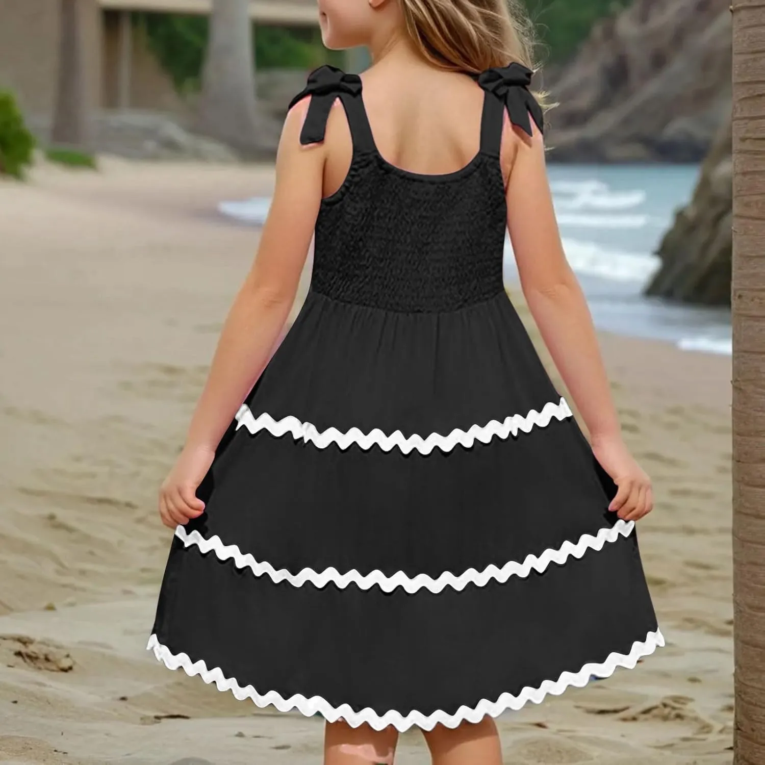 Girls Sun Dress Summer Spaghetti Strap Party Dress Smocked Elegant 3-12 Years