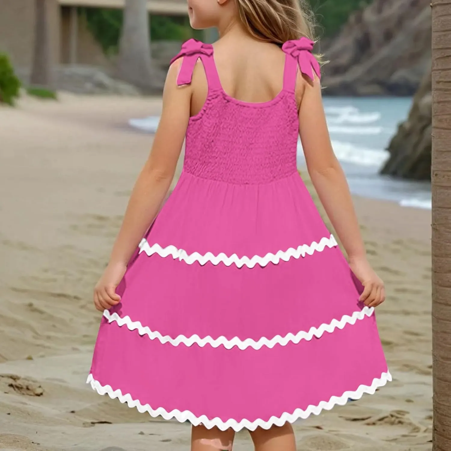 Girls Sun Dress Summer Spaghetti Strap Party Dress Smocked Elegant 3-12 Years