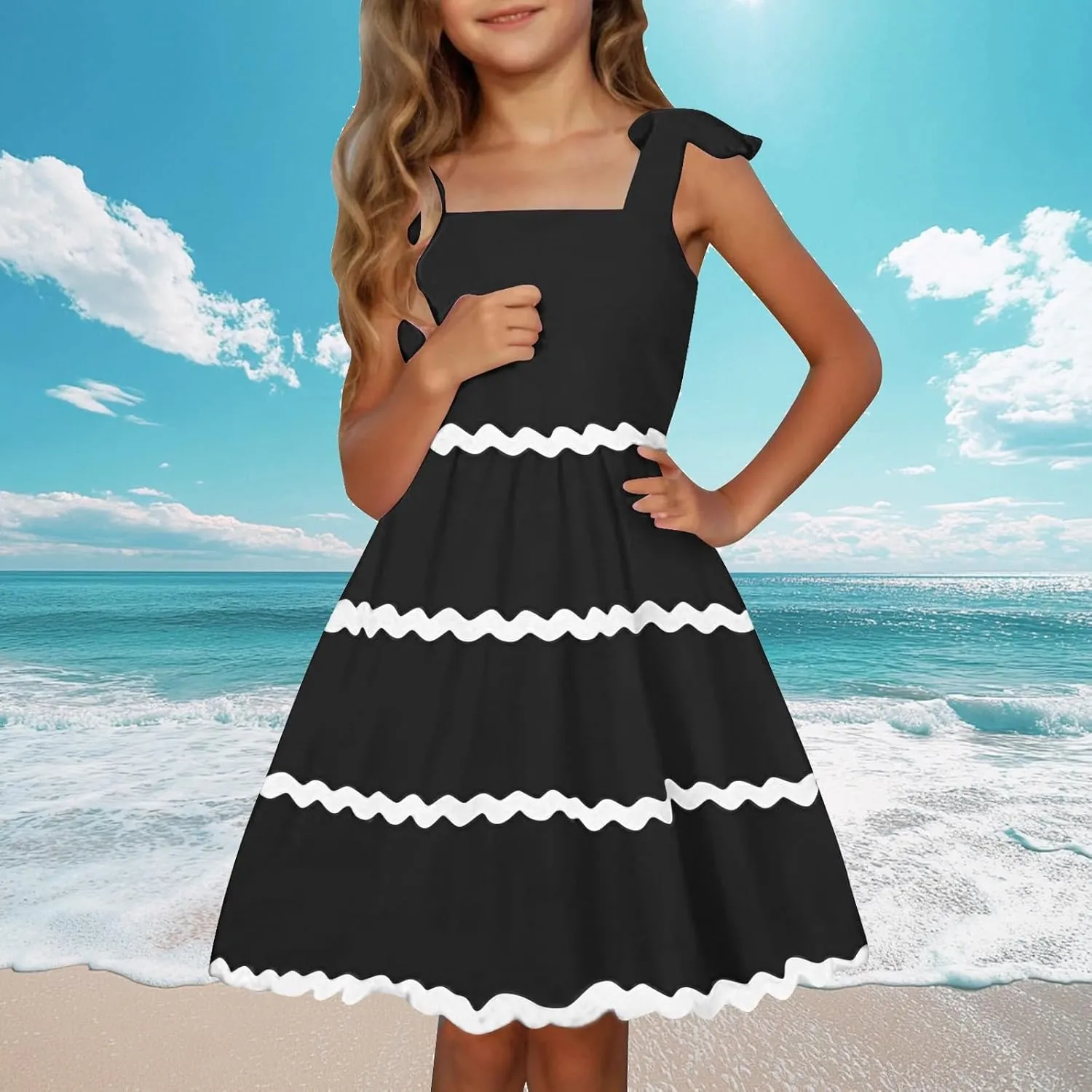 Girls Sun Dress Summer Spaghetti Strap Party Dress Smocked Elegant 3-12 Years