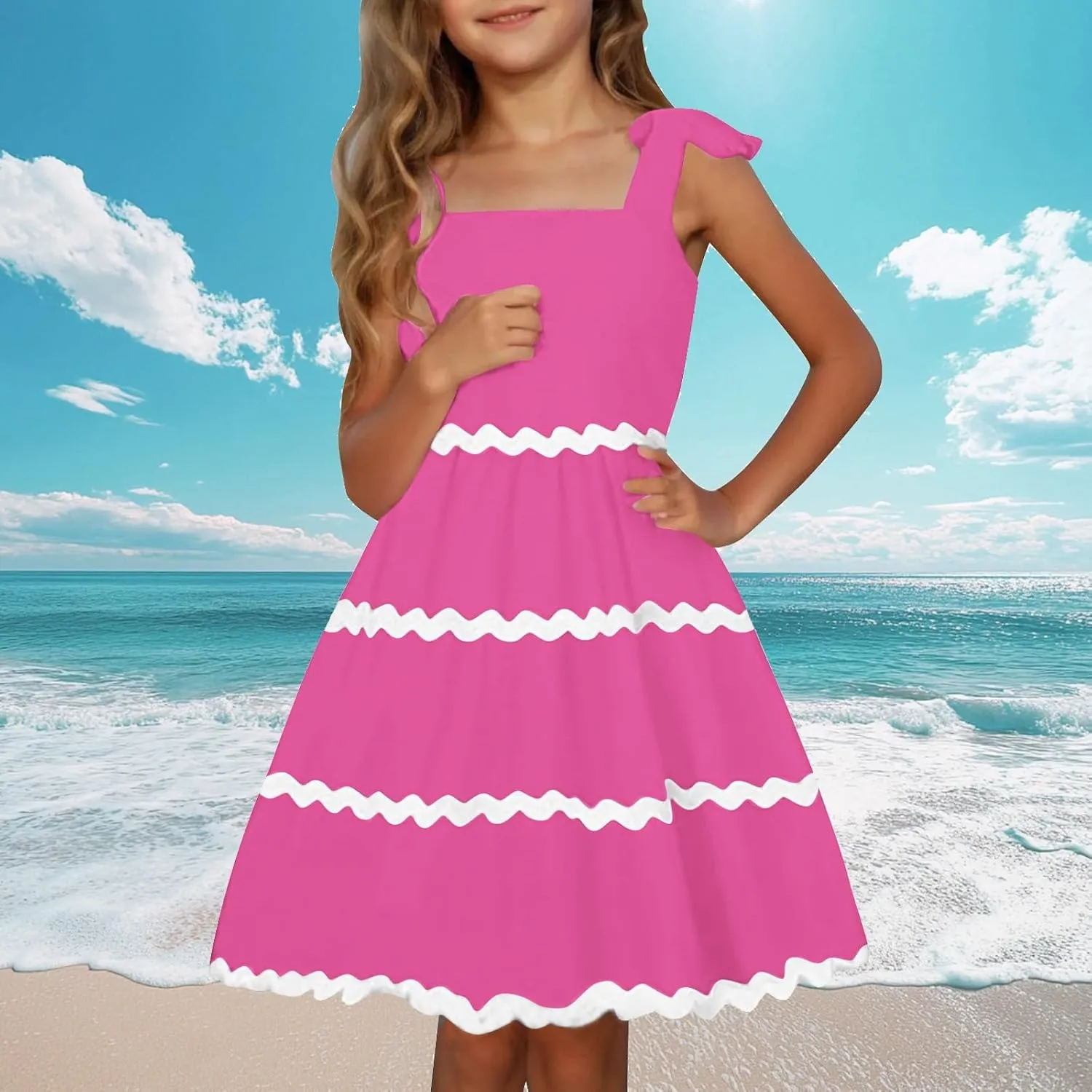 Girls Sun Dress Summer Spaghetti Strap Party Dress Smocked Elegant 3-12 Years