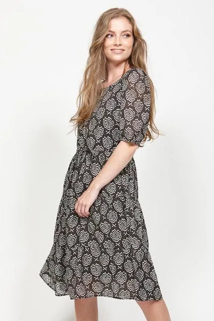 Hidden Black Print SS Midi Dress