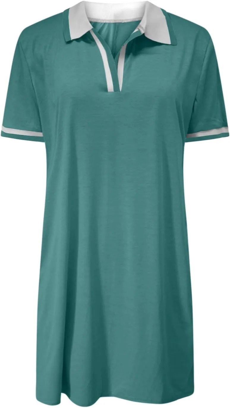 hlysgo Mini Dresses for Women 2025 Summer Casual Short Sleeve V Neck Tennis Dresses Trendy Short T-Shirt Dress with Pockets