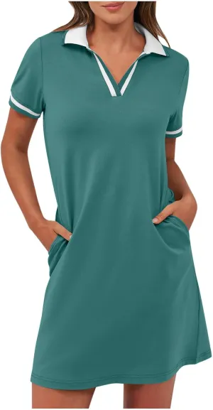 hlysgo Mini Dresses for Women 2025 Summer Casual Short Sleeve V Neck Tennis Dresses Trendy Short T-Shirt Dress with Pockets