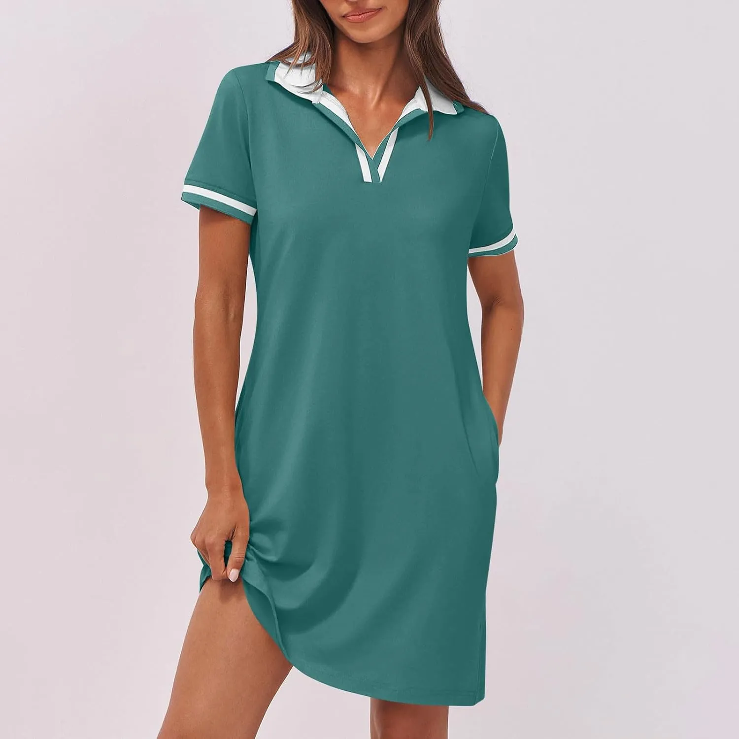 hlysgo Mini Dresses for Women 2025 Summer Casual Short Sleeve V Neck Tennis Dresses Trendy Short T-Shirt Dress with Pockets