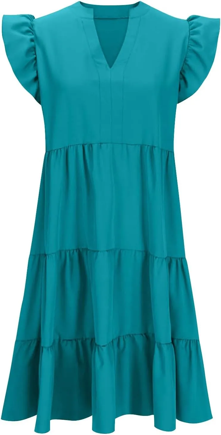 hlysgo Womens Summer Dress Boho Ruffle Sleeve V Neck Peplum Midi Dresses Fashion Casual Loose Flowy Beach Vacation Sundress