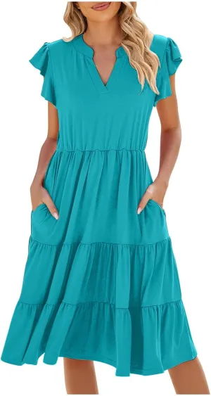 hlysgo Womens Summer Dress Boho Ruffle Sleeve V Neck Peplum Midi Dresses Fashion Casual Loose Flowy Beach Vacation Sundress