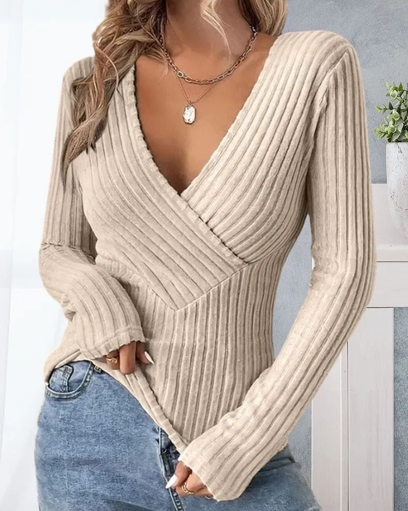 Holliva | Women's Sweater With Deep V-Neck And Ribbed Crossover