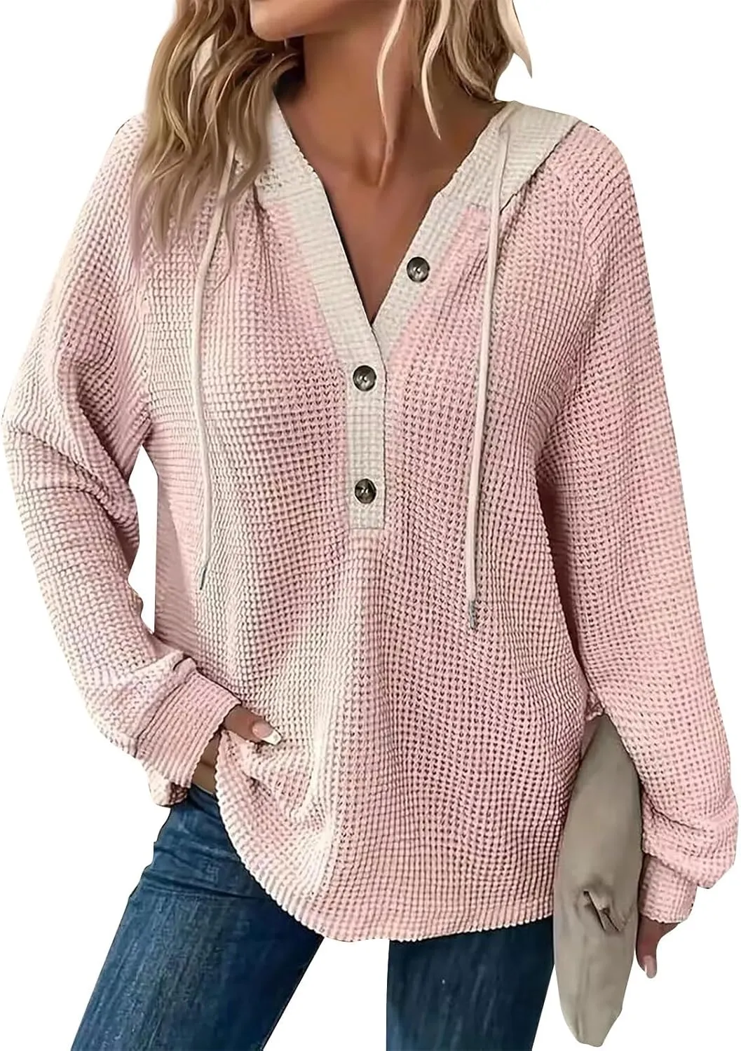 Hoodies For Women Casual Long Sleeve Shirts Oversized Drawstring Sweatshirts Button V-Neck Tunic Tops