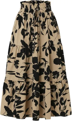 IDEALSANXUN Floral Skirts for Women Trendy Spring Summer Flowy A Line Elastic High Waisted Tiered Flower Boho Midi Skirt