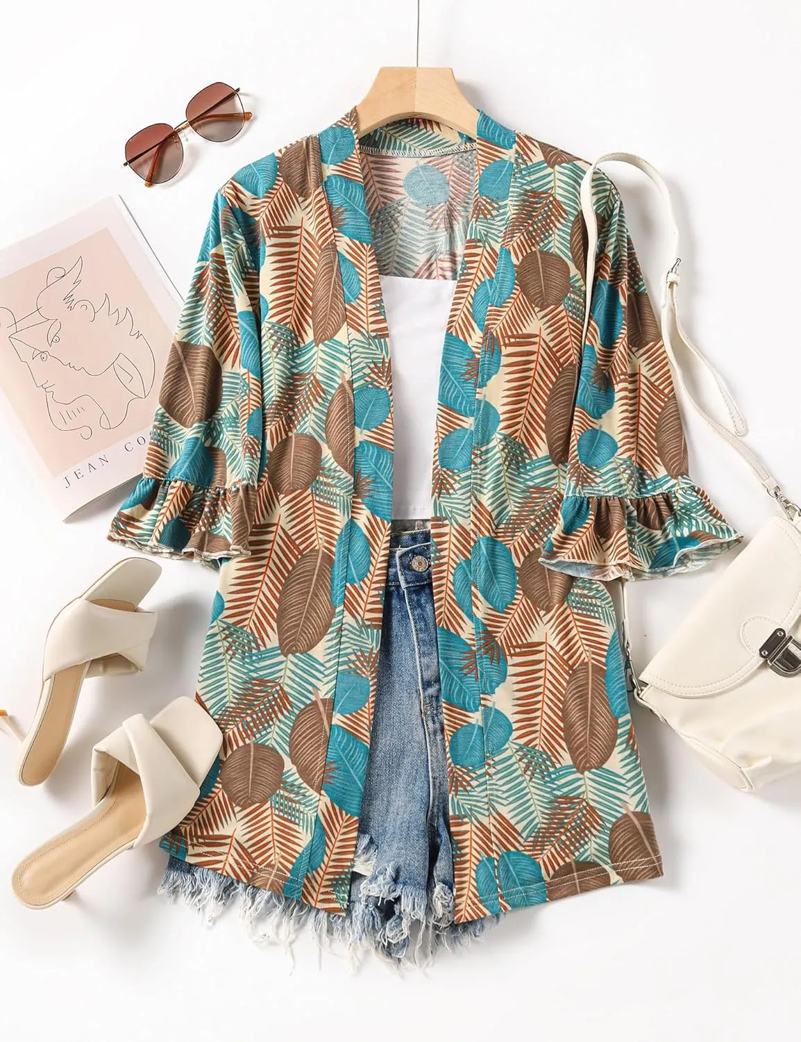IECCP Womens Lightweight Cardigan 3/4 Sleeve Open Front Cozy Ruffles Sleeve Thin Cardigans Jacket