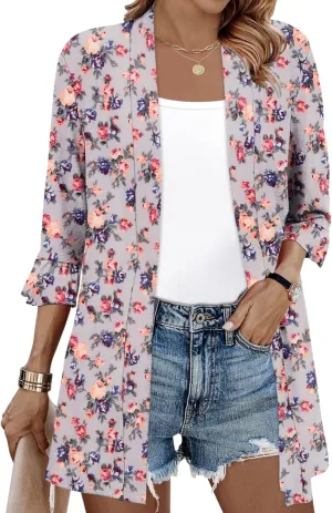IECCP Womens Lightweight Cardigan 3/4 Sleeve Open Front Cozy Ruffles Sleeve Thin Cardigans Jacket