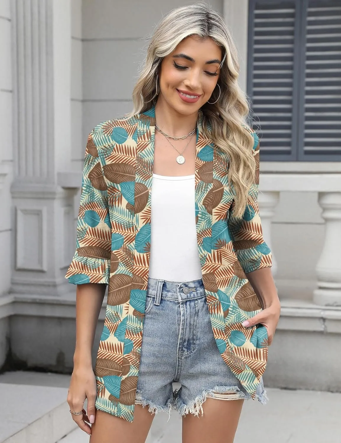 IECCP Womens Lightweight Cardigan 3/4 Sleeve Open Front Cozy Ruffles Sleeve Thin Cardigans Jacket