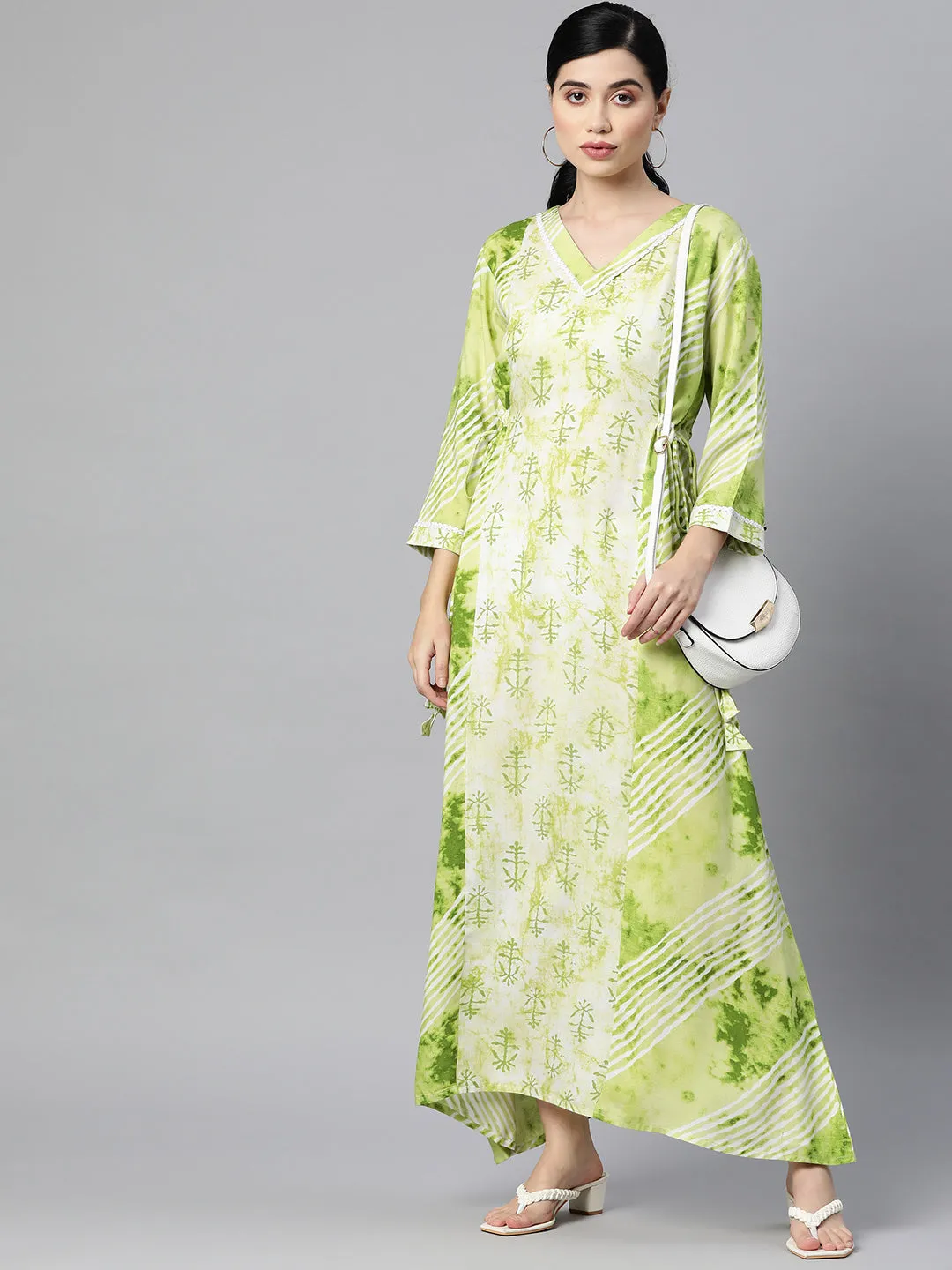Indibelle Rayon Floral Print Maxi Dress (Green)