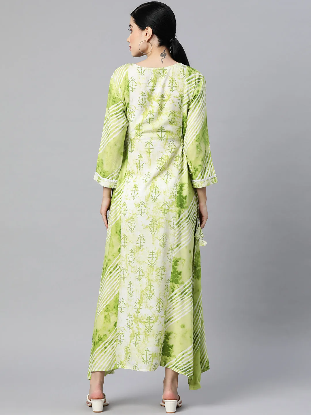 Indibelle Rayon Floral Print Maxi Dress (Green)