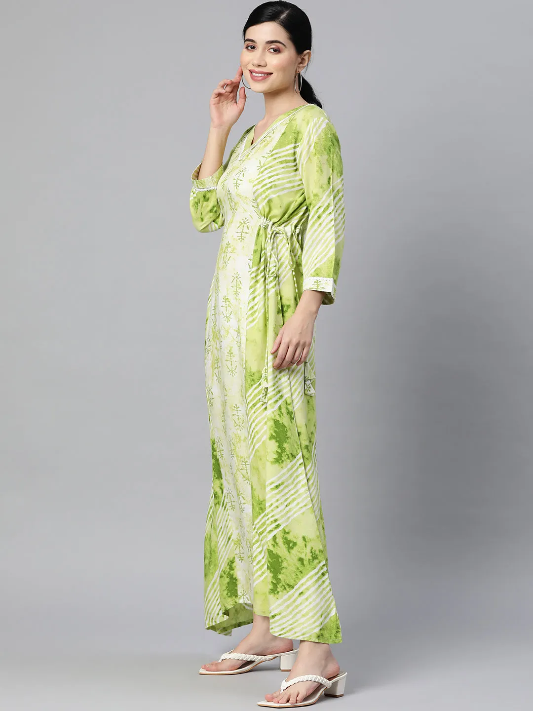 Indibelle Rayon Floral Print Maxi Dress (Green)