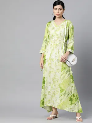 Indibelle Rayon Floral Print Maxi Dress (Green)