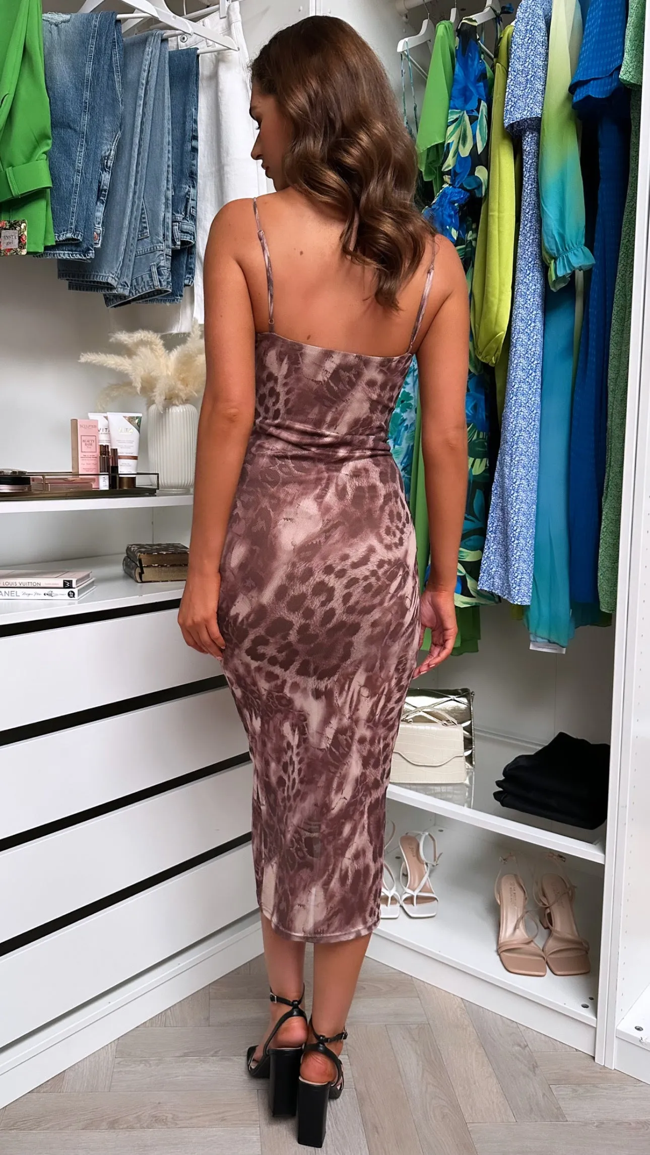 Isolde Taupe Leopard Print Midi Dress