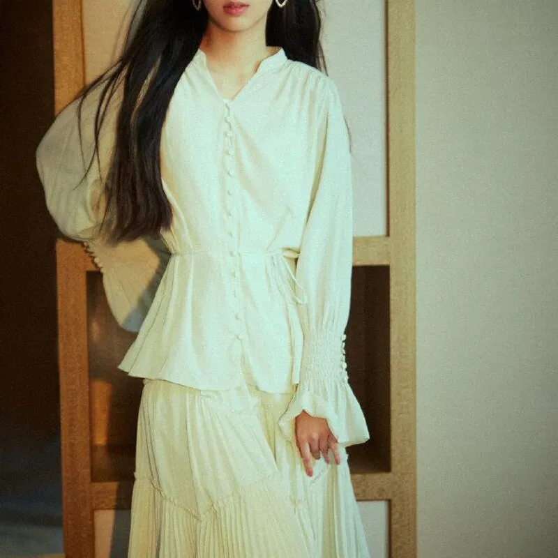 Joskaa Christmas Gift Kuzuwata Japan Style Elegant Fashion Woman clothing V-Neck Solid lantern sleeve drawstring Shirts 2024 Spring Summer Blouses
