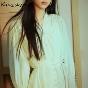 Joskaa Christmas Gift Kuzuwata Japan Style Elegant Fashion Woman clothing V-Neck Solid lantern sleeve drawstring Shirts 2024 Spring Summer Blouses